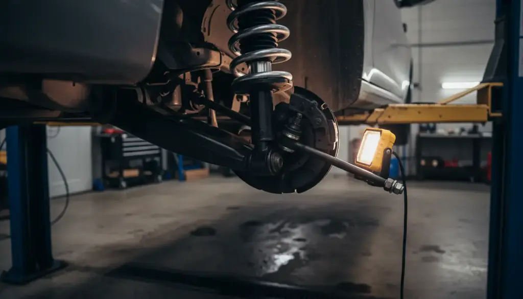 Underside of a vehicle showing strut, control arm and tie rod